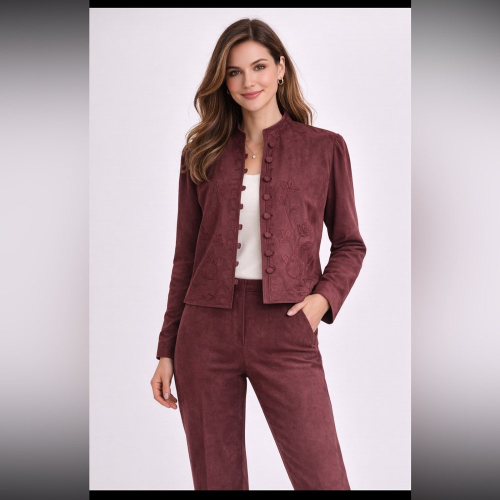 KARIN STEVENS  Burgundy Red Velvety Embroidered 2 PC Jacket and Pants Set Sz 8